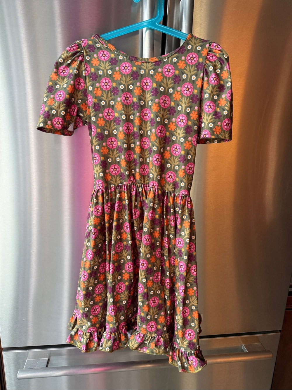 Girlhood little stocking co Floral Puff-Sleeve Dress in Olive and Pink